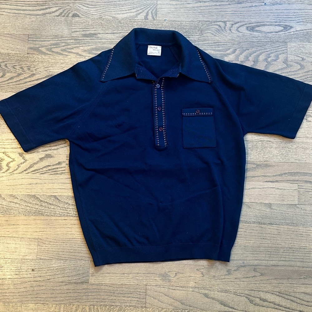 Thyme Navy Short Sleeve Polo Sweater with Contrast Stitching